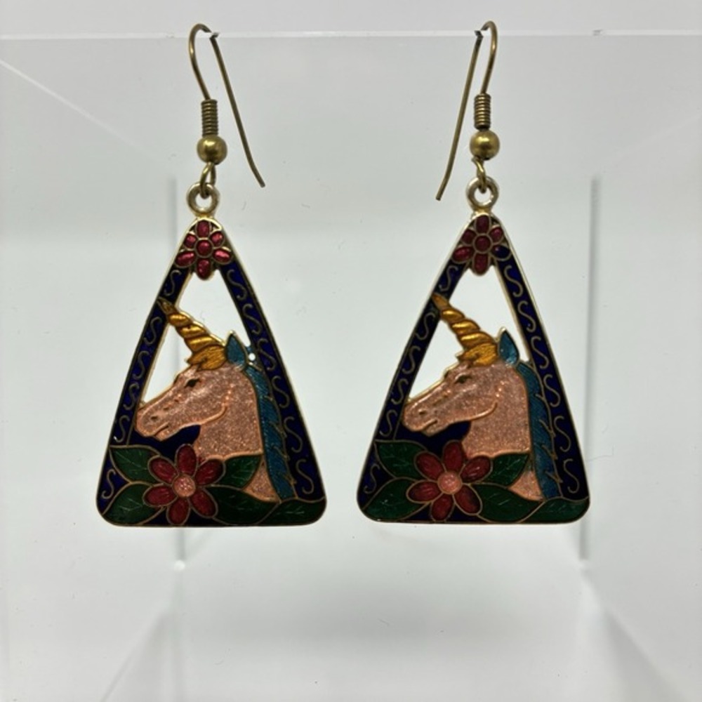 VTG Unicorn Cloisonne Dangle Earrings Flower Blue‎  triangle  Vibrant Gold Tone